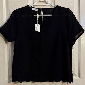 Akris Punto Black Wool Crop Blouse Laser-Cut Hem Sz 8 NWT